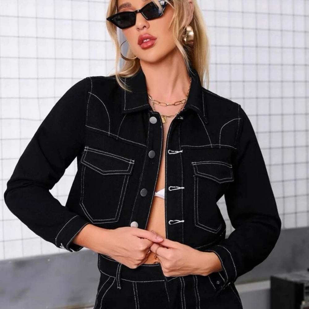 Black contrast seams binding denim jean jacket western